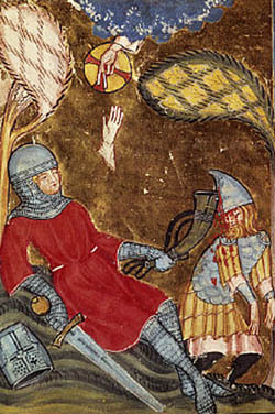 An image of Roland dying, killing a Saracen with his horn, and giving his glove to God